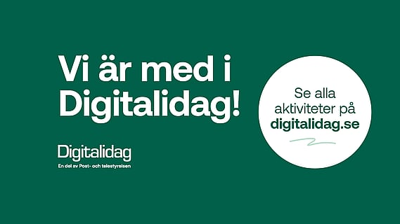 Grön Digitalidag grafik med texten ”Vi är med i Digitalidag!” och information om att aktiviteter finns på digitalidag.se.