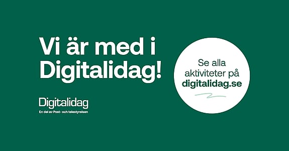 Grön Digitalidag grafik med texten ”Vi är med i Digitalidag!” och information om att aktiviteter finns på digitalidag.se.
